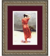 An elegant companion for seaside homes, this art print features a woman caught up in the ocean's salty breeze. The contrast of dark sky and white sand suggest an incoming storm. A maroon mat and antique silver frame with scroll and beaded detail draw your attention to the figure.