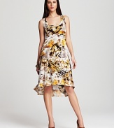 Boasting a vibrant whirl of dessert tones, mixed textures and vivid florals, this Karen Kane dress makes for an exotic escape from your everyday style.