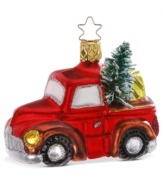Home for the holidays! This Inge-Glas ornament captures the tradition of shopping for the perfect Christmas tree. Mouth-blown and hand-painted.