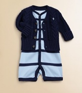 Rendered in a lightweight cotton knit, this adorable shortall features a classic striped pattern and signature pony embroidery on the chest.Ribbed crewneckShort raglan sleevesSnap-front placketBottom snaps for easy on and offEmbroidered pony logoCottonMachine washImported Please note: Number of buttons/snaps may vary depending on size ordered. 