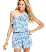 Bursting with color and print, this ruffled, one-shoulder romper from Planet Gold turns up the cuteness!