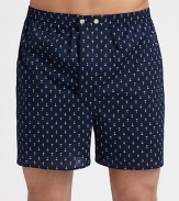 Detailed anchor print lends character to this classic gentleman's boxershort of ultra-soft cotton with an adjustable waist for added comfort.Two-button elastic waistbandInseam, about 3½CottonMachine washImported