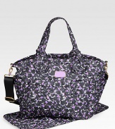 A floral printed style in lightweight nylon; perfect for toting around all your baby's essentials.Double top handles, 8½ dropDetachable adjustable shoulder strap, 17-24 dropTop zip closureFour outside open pocketsOne inside zip pocketTwo inside open pocketsOne changing padFully lined15½W X 13H X 6DImported