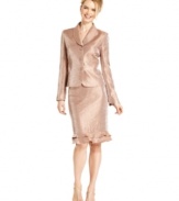 Kasper's textured, tailored suit will take their breath away with pearlized shimmer and delicate ruffles.