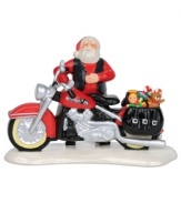 See a wilder side of Santa in this Department 56 figurine. Even with his nose so bright, Rudolph can't compete with St. Nick's new ride – a holiday-red Harley-Davidson.