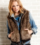 Faux-fur makes a triumphant return this season as a favorite way to add luxe-style to your look. This cozy-chic vest from Dollhouse pairs the sumptuous fabric with faux-leather trims and a banded hem for a body conscious fit.