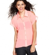 Pretty Rebellious brings the season's hottest trends together on a blouse crafted from sheer chiffon and sporting chic shoulder cutouts!