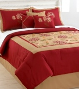 Sleep serene upon gorgeous color with the Adelacia comforter set. Lush, embroidered floral patterns present an Eastern-inspired design over rich red and natural taupe, offering a warm and brilliant bedroom update.