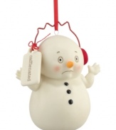 Perk right up with the caffeinated snowman ornament from Department 56. Smooth porcelain bisque with red earmuffs will be real eye opener on Christmas morning.