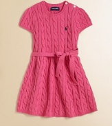 Preppy sweater dress in ultra-soft cabled cotton is accented with puffed sleeves and a self-tie belt.CrewneckShort puffed sleevesShoulder buttonsWaistband with self tieA-line skirtCottonMachine washImported Please note: Number of buttons may vary depending on size ordered. 