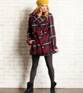 Stay cozy in the nippiest temps! This trench coat from Jou Jou features a waist-cinching belt and a classic plaid print.