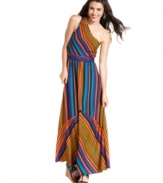 Perfect your bold street style in this technicolor dream dress from Ali & Kris! Flaunting a chic, one-shoulder design and the most vivid print, this floaty maxi is a bright addition to your dress closet.