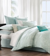 A white geometric border sits upon a serene aqua ground in this Mykonos European sham from Echo, inspired by classic Grecian architecture.