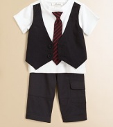 Your little boy will look like a man in this handsome two-piece set that's topped with a layered-look vest and tie. Vest Crewneck with attached tieShort sleevesVest has buttons Pants Elastic waistbandSide flap patch pocketCottonMachine washImported Please note: Number of buttons may vary depending on size ordered. 