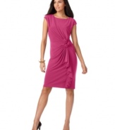 Step out in style with this flirty Jones New York dress featuring crafted rosettes and a cascading draped ruffle.