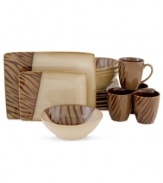 Be a more adventurous eater with the Safari Brown dinnerware set from Sango. Animal stripes in warm earth tones adorn four ultra-contemporary place settings.