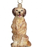 Just begging for a home, this golden retriever ornament has puppy dog eyes and a beautiful coat in hand-painted glass by Joy to the World.