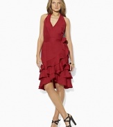 The essential belted linen dress is updated with a froth of pretty ruffles and an elegant flared hem for modern romance.