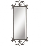 Romantic scroll and filigree work punctuate the top and bottom of the Casoria mirror giving it just the right amount of Baroque ornateness. The hand-forged metal frame has been finished to give it age, and it can be hung vertically, as shown, or horizontally.