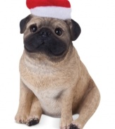 A fetching gift for animal lovers, the pug Christmas ornament depicts an irresistible pup waiting patiently for treats and dressed for the season. From Sandicast.