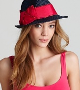 Make a statement in Juicy Couture's woven straw fedora featuring a wide grosgrain ribbon band with vibrant printed edges.