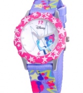 Clap if you believe in fairies! This glittery Disney watch flaunts a glittery strap and a Tinker Bell graphic at the dial.