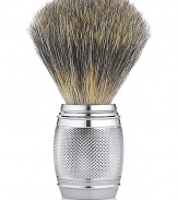 Elegantly handcrafted in polished chrome and designed for comfort and durability, with a micro-textured surface for style and grip. Uses Pure Badger Hair to generate a rich and warm lather to soften and lift the beard, open pores, bring sufficient water to the skin and gently exfoliate. 