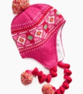 Here's one hat you'll never have to nag her to wear: A jacquard knit cap from So Jenni with crochet ties and pom-pom accents.