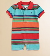 This vivid striped polo-style one-piece is crafted in plush cotton and accented with a ribbed knit collar.Shirt collarShort sleevesFront button placketBottom snapsCottonMachine washImported Please note: Number of buttons and snaps may vary depending on size ordered. 