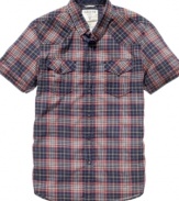 Check classic cool style off your list with this plaid shirt from Guess.