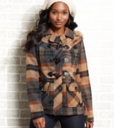 Designed to highlight your outdoorsy side, this duffle coat from Maralyn & Me features a fur-trimmed hood to keep you dry plus a timeless plaid-print.
