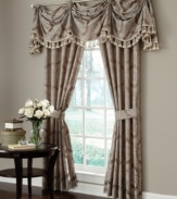 Present any room with the soothing, gorgeous drape of the Confessions window panel. This unique prima scarf valance is lined with ivory tassels, accenting the overall look with timeless elegance.