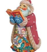 'Twas the night before Christmas! This carved Santa Claus ornament is meticulously hand-painted with a heartwarming scene of Santa watching a little girl fall fast asleep as she anxiously awaits the excitement of Christmas morning.