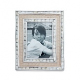 Handmade in sand-cast aluminum with a trademark blend of enamel infused with crushed mother of pearl, Julia Knight's classic picture frame features beautiful mosaic borders made of handcut Mother of Pearl tiles. Black velvet trims the back for an elegant look.