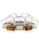 All-around brilliant. These Design with Light candle holders from Dansk are a playful alternative to plain tea lights, combining five glass bubbles and rich acacia wood.