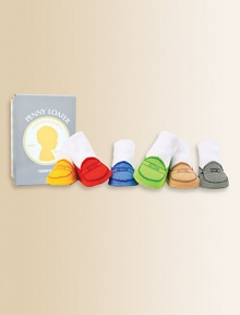 Six pairs of brightly colored penny loafer-printed socks, packaged in an adorable keepsake box.80% cotton/17% acrylic/3% spandexMachine washImported