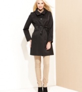 Beat the drizzle with Via Spiga's sleek raincoat, outfitted with a corset-like self-tie belt and a removable hood.