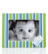 Shear joy. A smiling sheep leaps right out of the Little Boy Blue picture frame that, with cheery stripes of blue and green, couldn't possibly be cuter. From Gorham.
