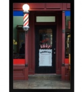 Complete with a red, white and blue barber's pole, Ashley Beck's old-time barber shop print gives your decor a sense of happy nostalgia. On canvas with a sleek black wood frame.