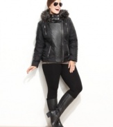 MICHAEL Michael Kors offers the ultimate in cold-weather chic: a plus size motorcycle jacket gets a luxe makeover with chic faux leather and a faux-fur-trimmed hood!