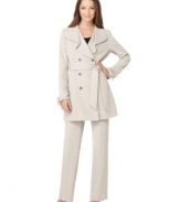 A cascade collar and self-tie belt on the trench of this Nine West suit give it an extra dose of personality.