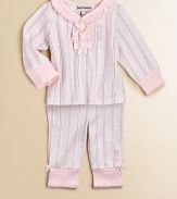 A charming two-piece cotton set for your little princess adorned with ruffles, scalloped trim and pretty stripes. Shirt Ruffled V-neckLong sleeves with scalloped cuffsSnap-front Pants Elastic waistbandSeat rufflesCottonMachine washImported Please note: Number of snaps may vary depending on size ordered. 