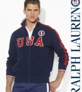 Rendered in lightweight, breathable cotton mesh with a hint of stretch, a full-zip track jacket is embellished with bold country embroidery to celebrate Team USA's participation in the 2012 Olympics.