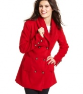 Stately metallic buttons and a sweater-trimmed shawl collar are chic components on this cold-weather essential from BCX.