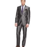 Go gray all the way. This charcoal suit from Tallia has a subtle sheen for standout style.
