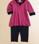 A pretty striped tunic sits atop a matching pair of cozy pants for a casual cool ensemble.Crewneck with V-insetLong sleevesPullover styleElastic waistband75% modal/25% polyesterMachine washImported