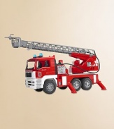 Incredibly realistic 1:16 scale model provides hours of imaginative play, with extension ladder, water pump, lights and sirens plus opening doors, lift-up hood displaying engine block and folding side mirror.Plastic About 18½L X 7W X 9½H Recommended for ages 4 and up Requires AAA batteries, not included Made in Germany