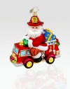 Santa rushes to the rescue in this playful Christmas ornament made of mouthblown European glass.Mouthblown, hand-painted glass 5¼ high Made in Poland