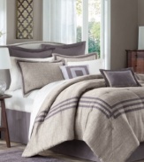 Casual meets contemporary in the Affinia comforter set. A soothing, heather gray jacquard comforter boasts tailored stripes for a comfortable look with a polished appeal. The coordinating bedskirt, European shams and decorative pillows tie the look together with pops of solid color and smart stripes.
