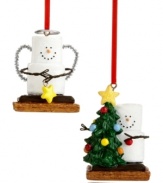 Simply irresistible, S'mores ornaments from Midwest have all the makings of a sweet holiday season. Featuring a marshmallow angel with tinsel wings and another setting up the tree on chocolate and graham cracker.